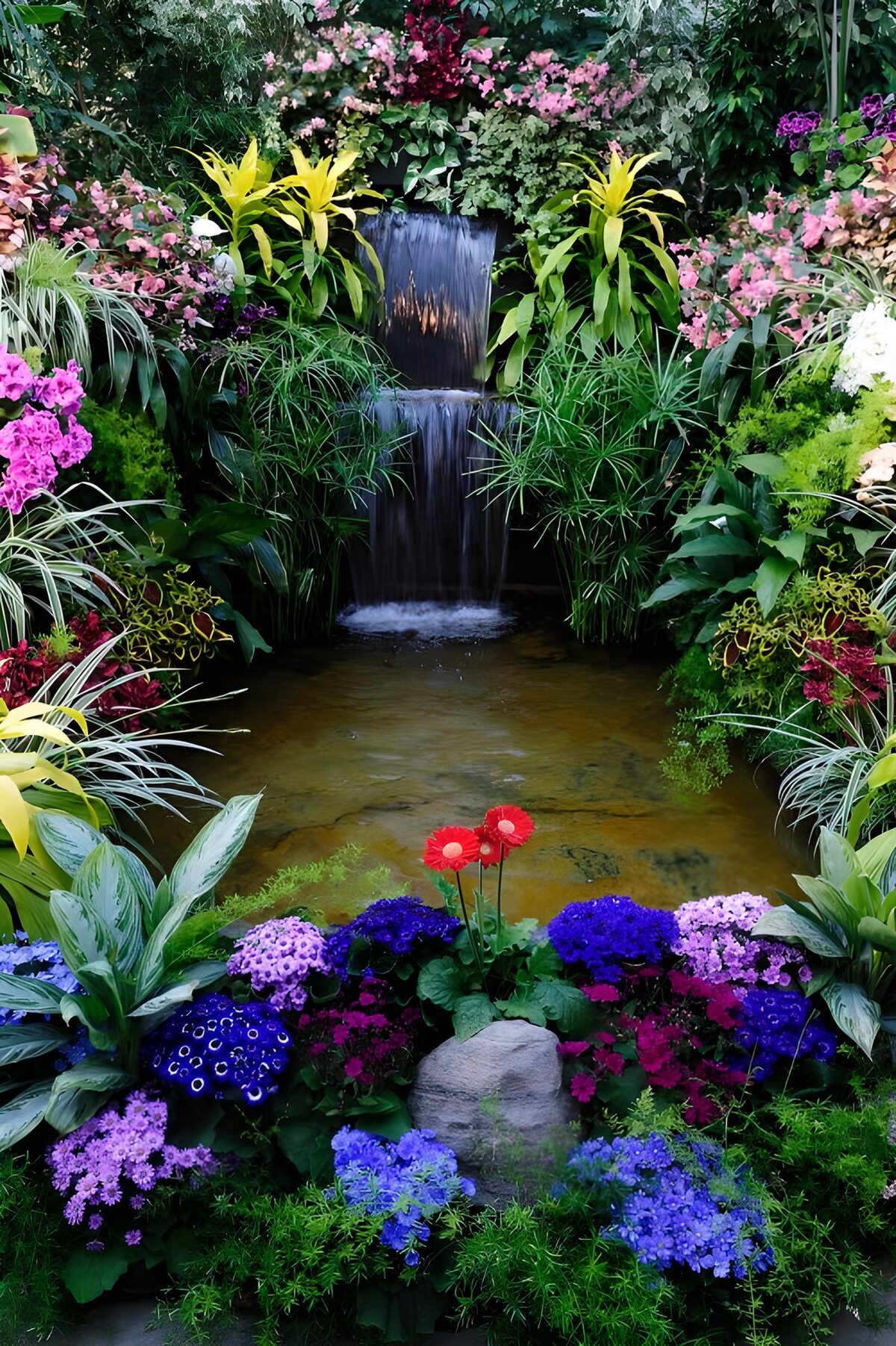 Vandfald i en frodig blomsterhave