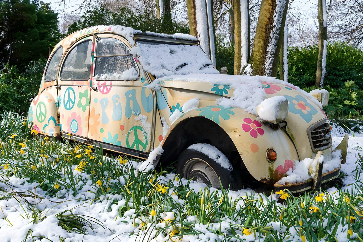Blomstermalet veteranbil i forårssne