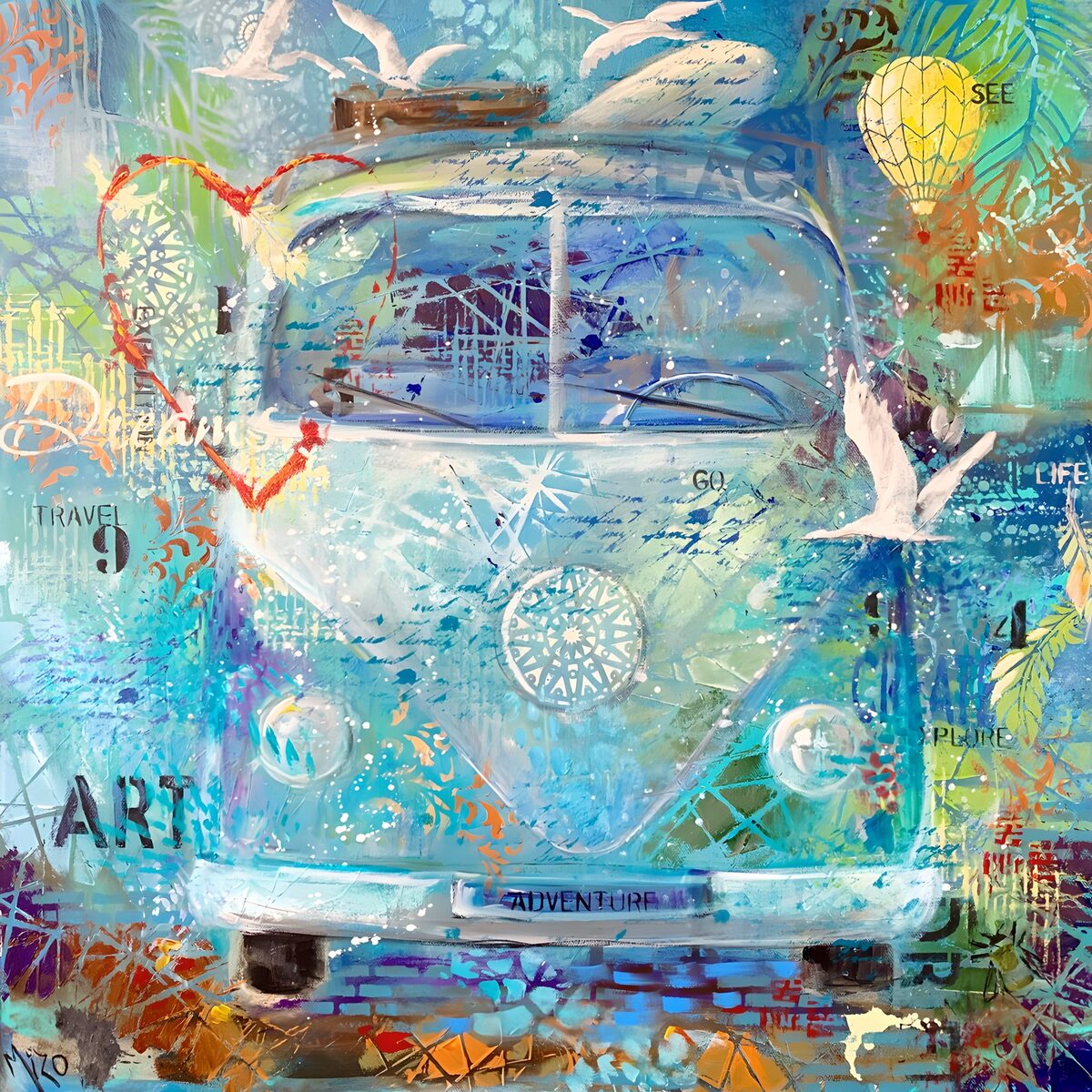 HPDK42368: Turkis campingbus i farverig collage