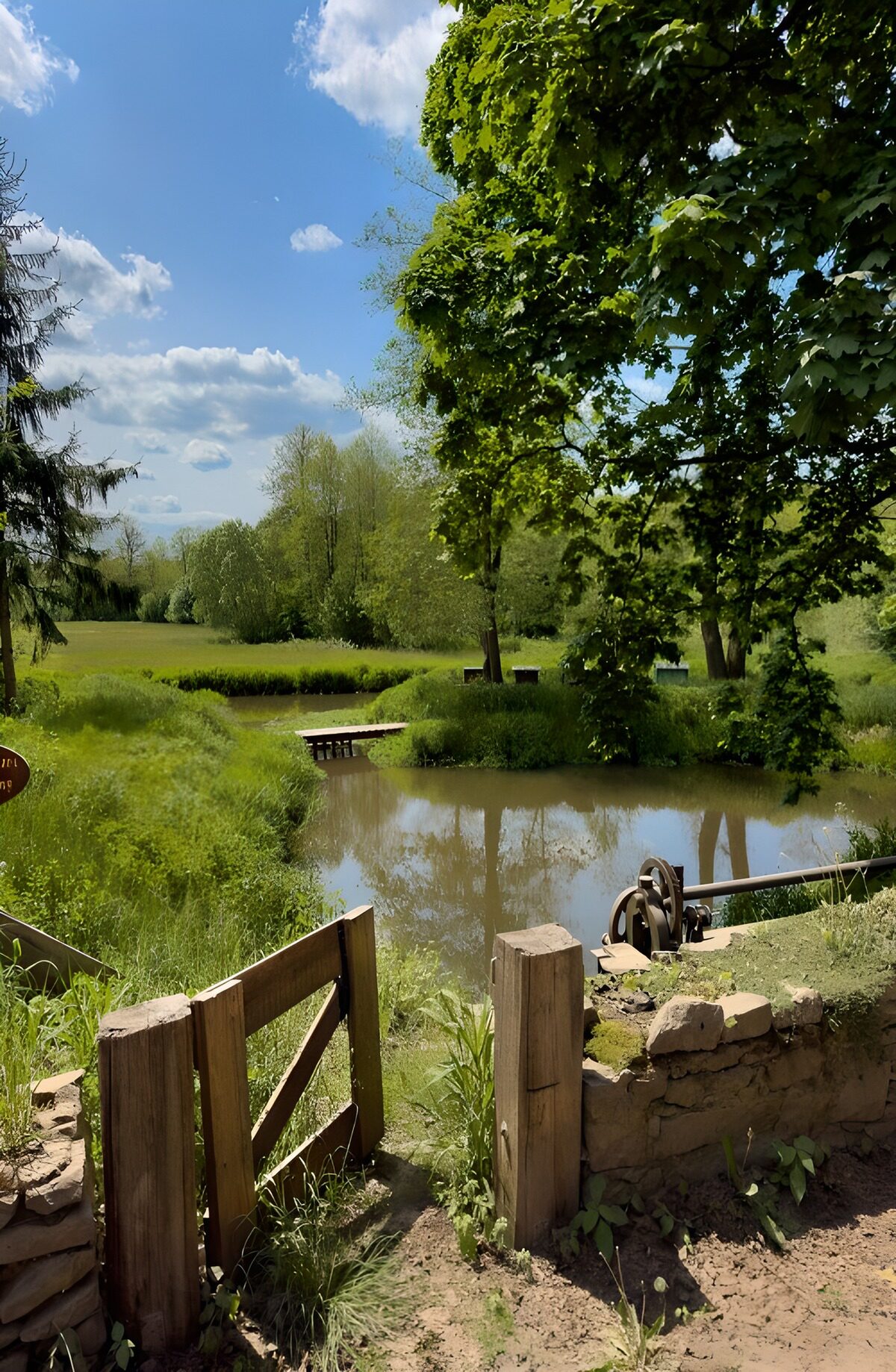 Trælåge og gangbro ved stille vand