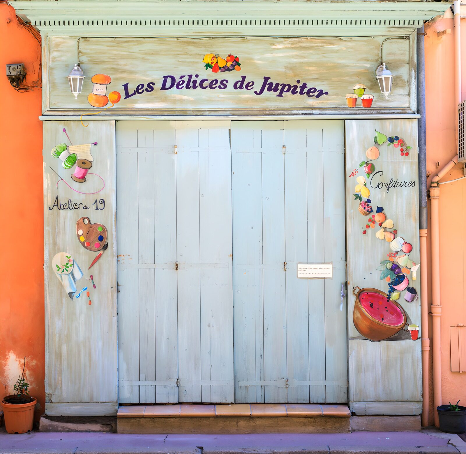 HPDK78629: Fransk butiksfacade med blågrønne skodder