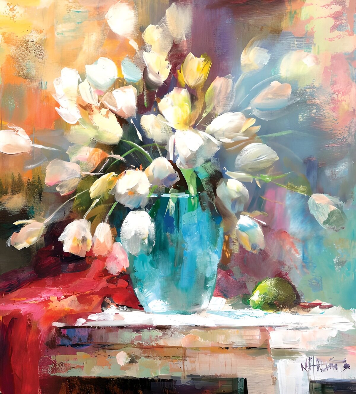 HPDK57295: Lyse tulipaner i en turkis vase