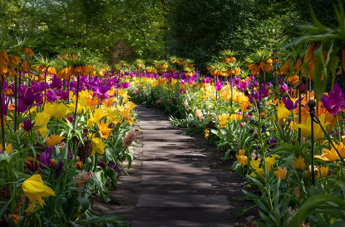 Forårssti med tulipaner og kejserkroner