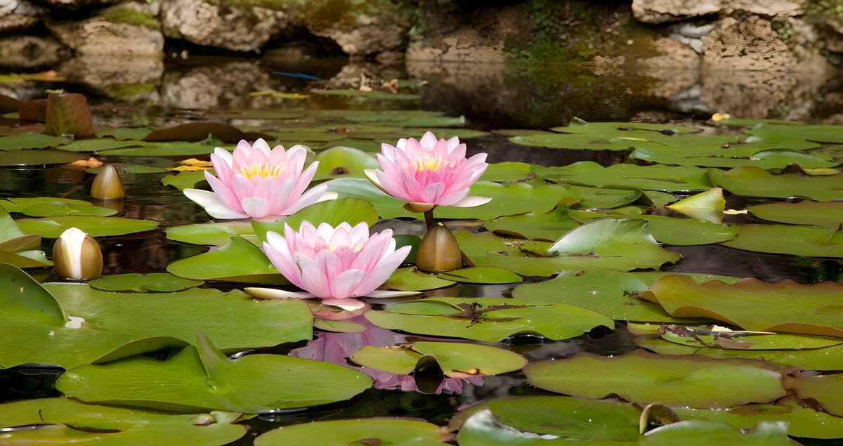 Tre lyserøde åkander på en rolig dam