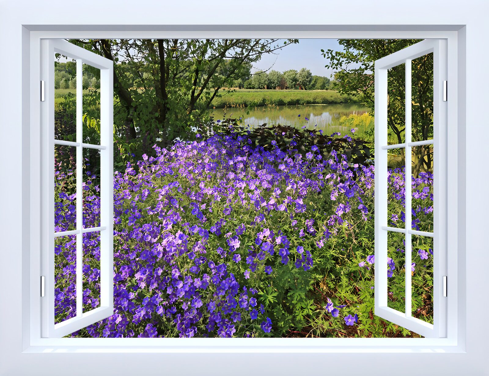HPDK90323: Åbent vindue mod blomster og dam