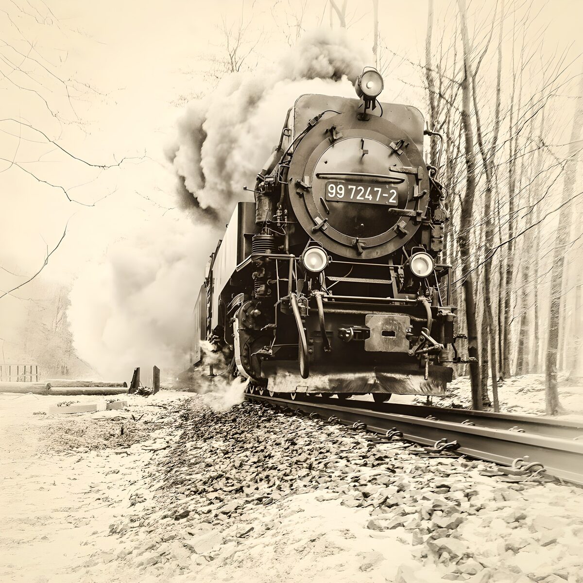 Damplokomotiv i sne og sepia