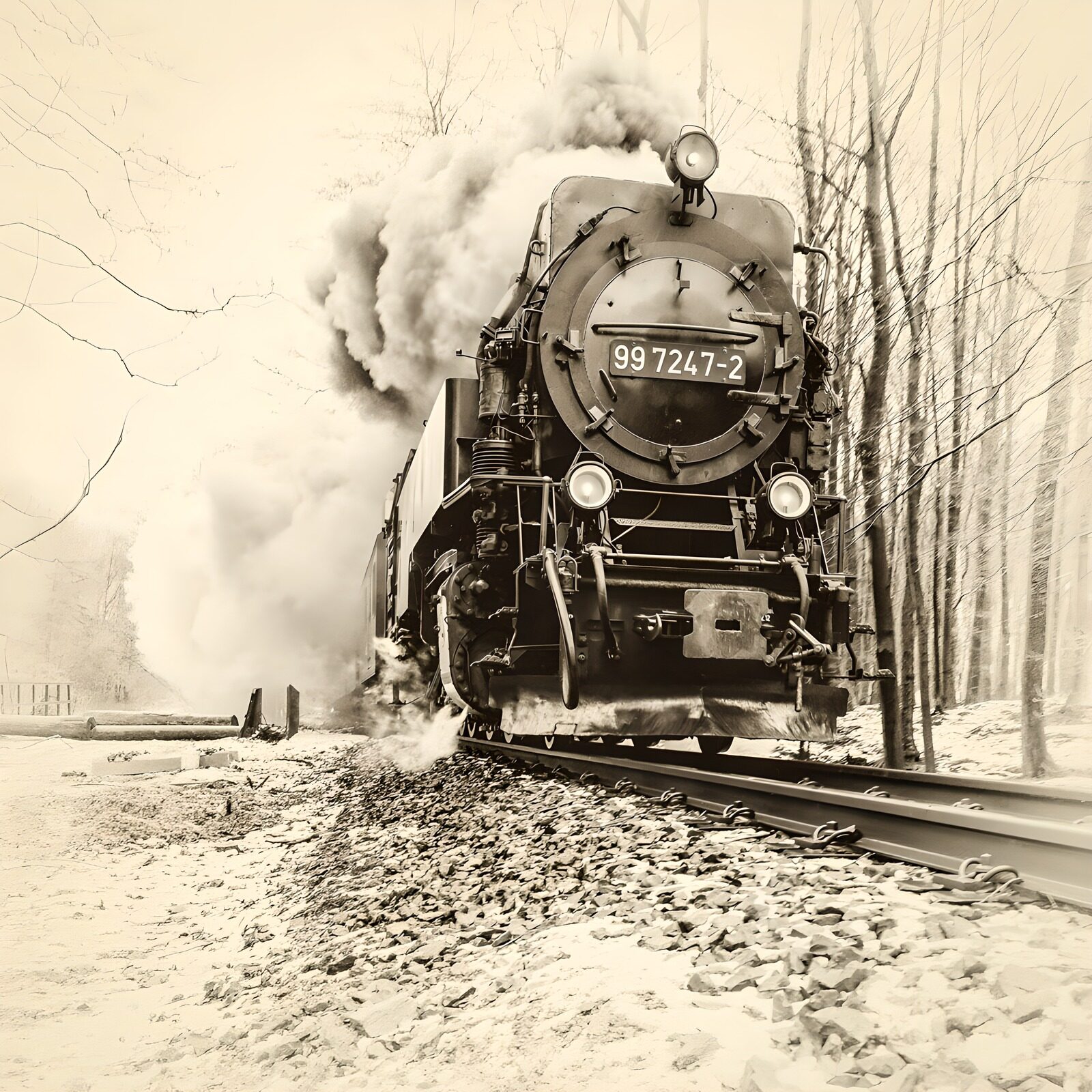 HPDK89796: Damplokomotiv i sne og sepia
