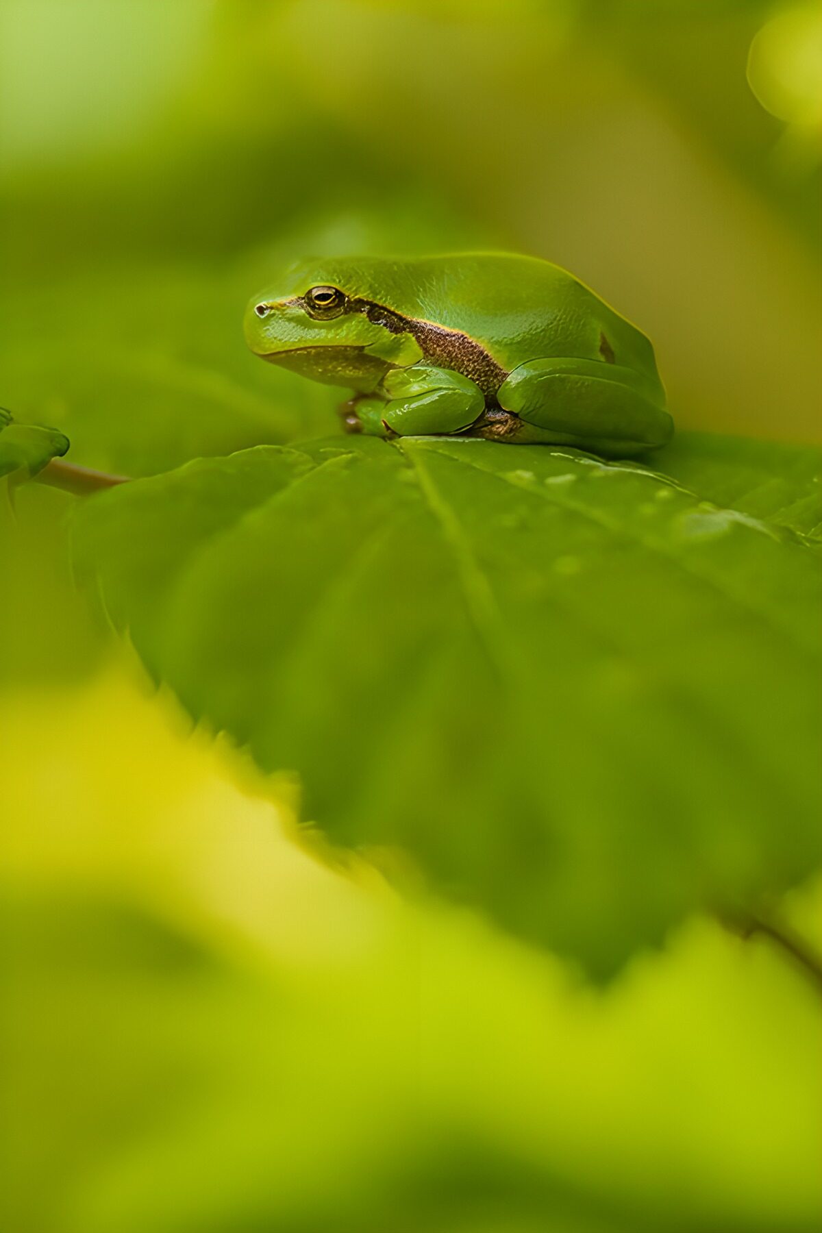 Grøn frø på blad i blødt lys
