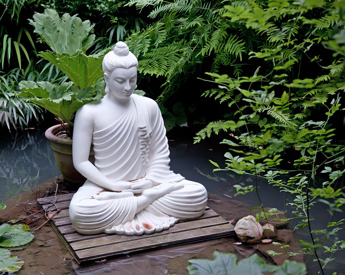 Hvid Buddha i ro ved havedammen