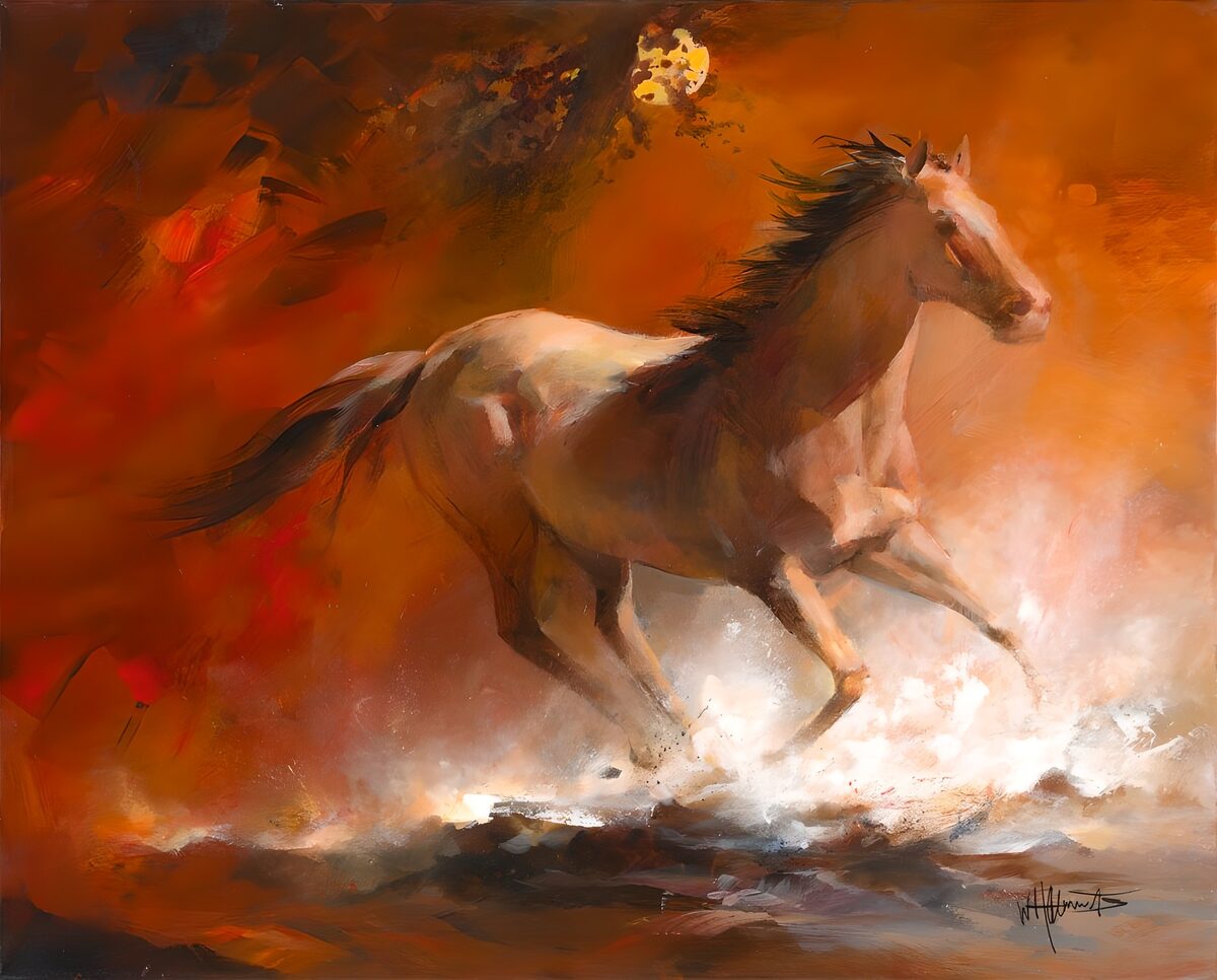 Brun og hvid hest i fyrig galop