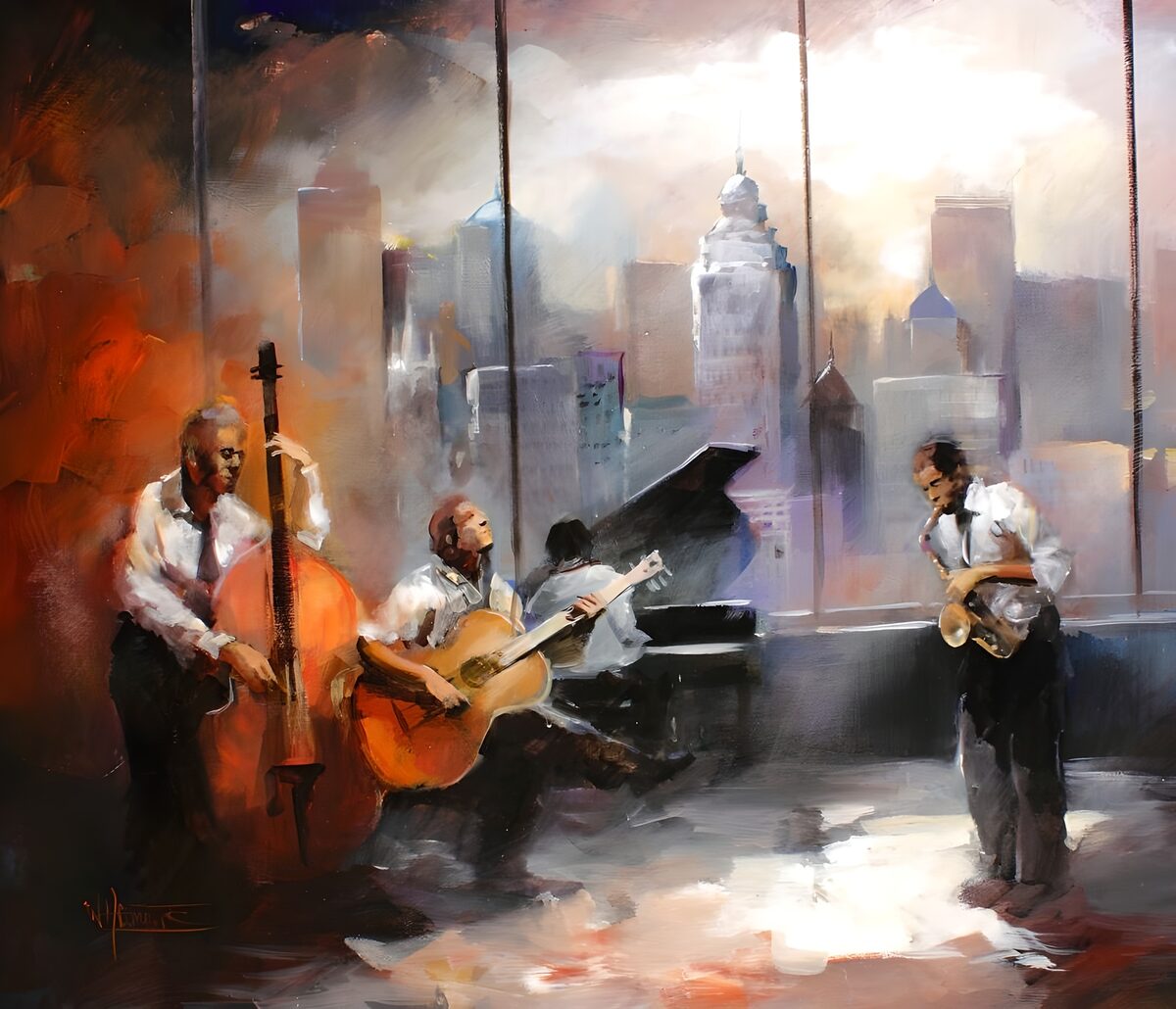 Jazzkvartet foran byens skyline