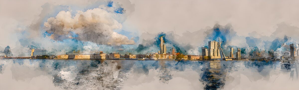 Havnefront med højhuse i bløde farver
