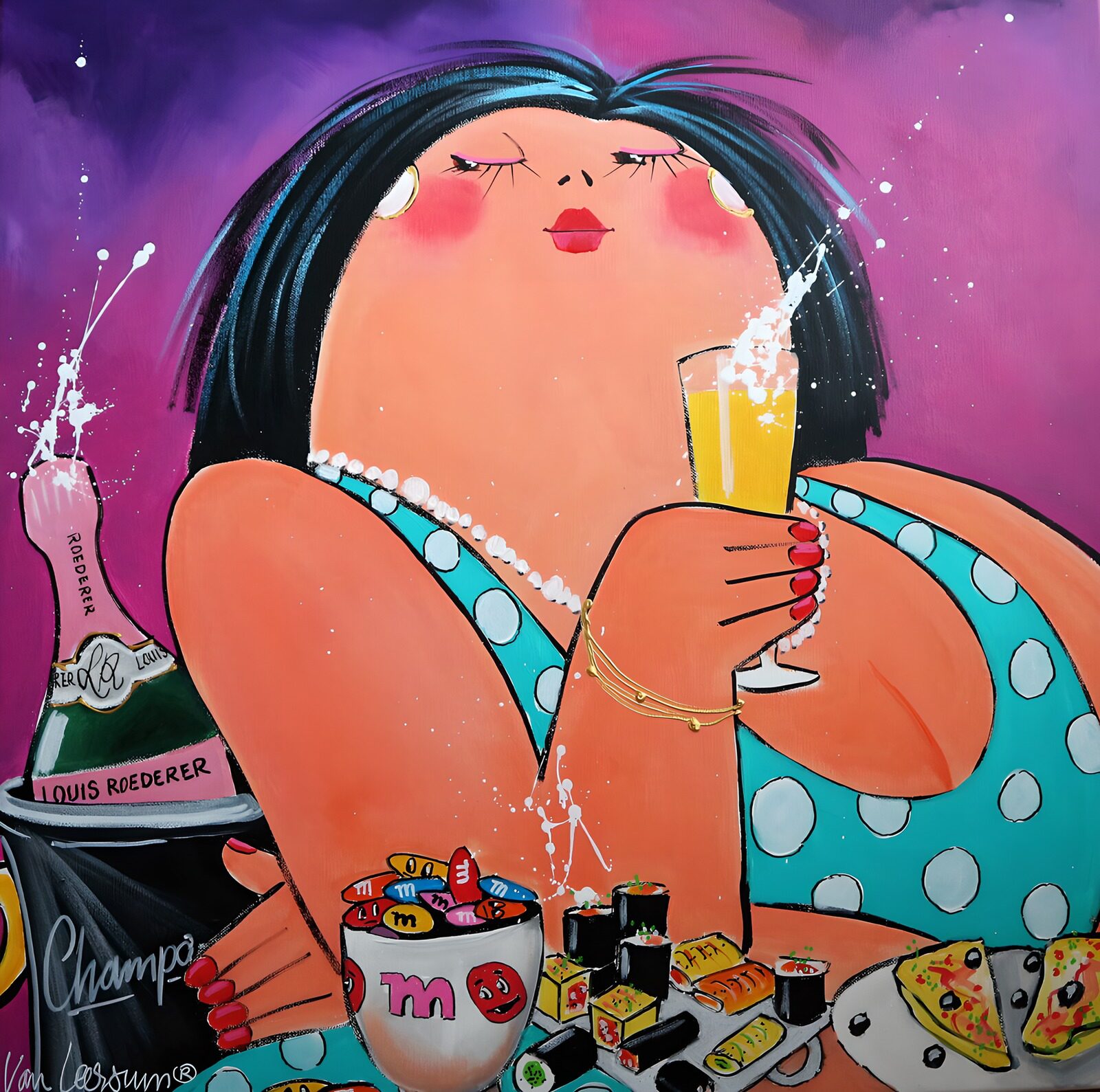 HPDK58883: Kvinde i prikket kjole med champagne