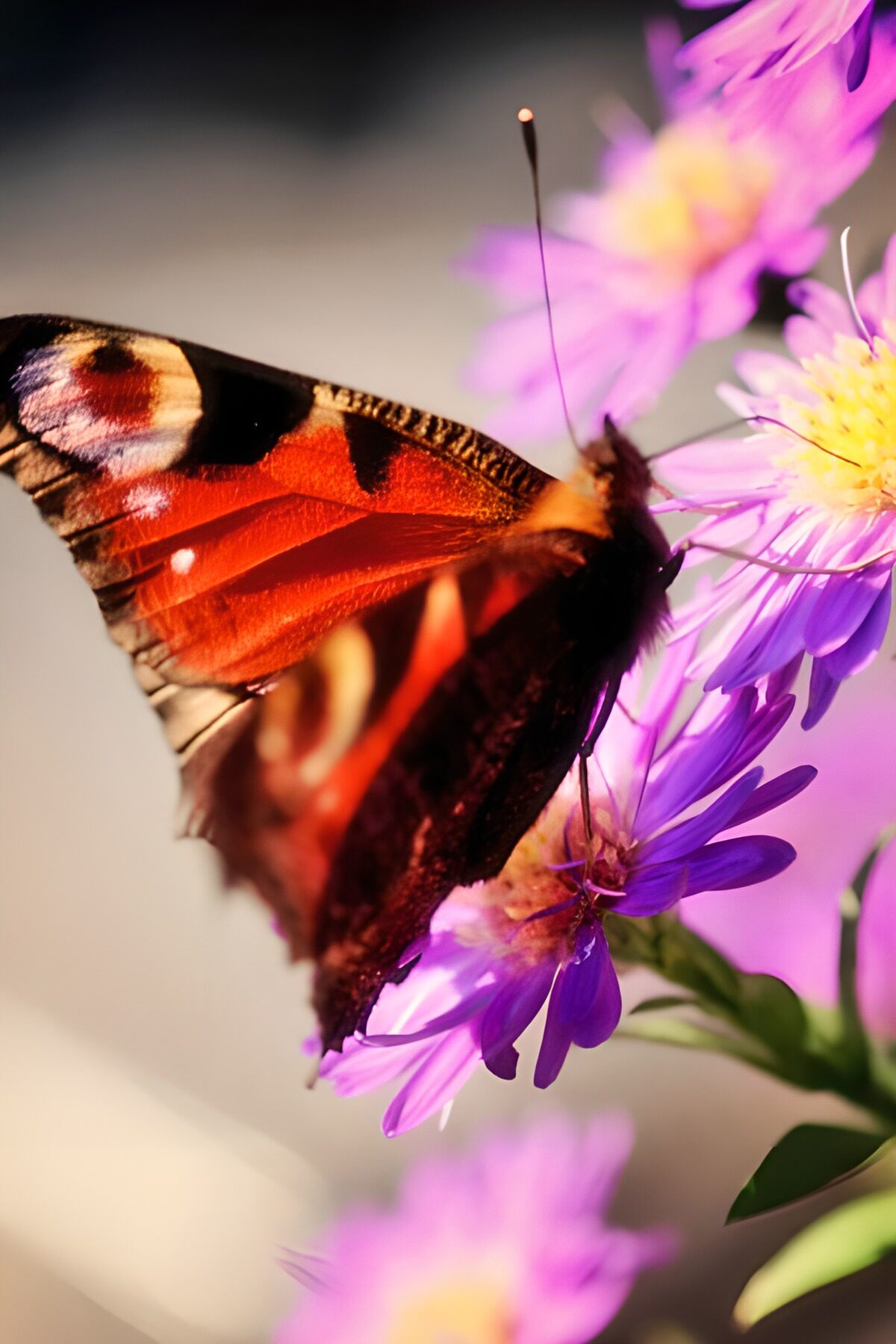 Dagpåfugleøje på lilla asters i sol