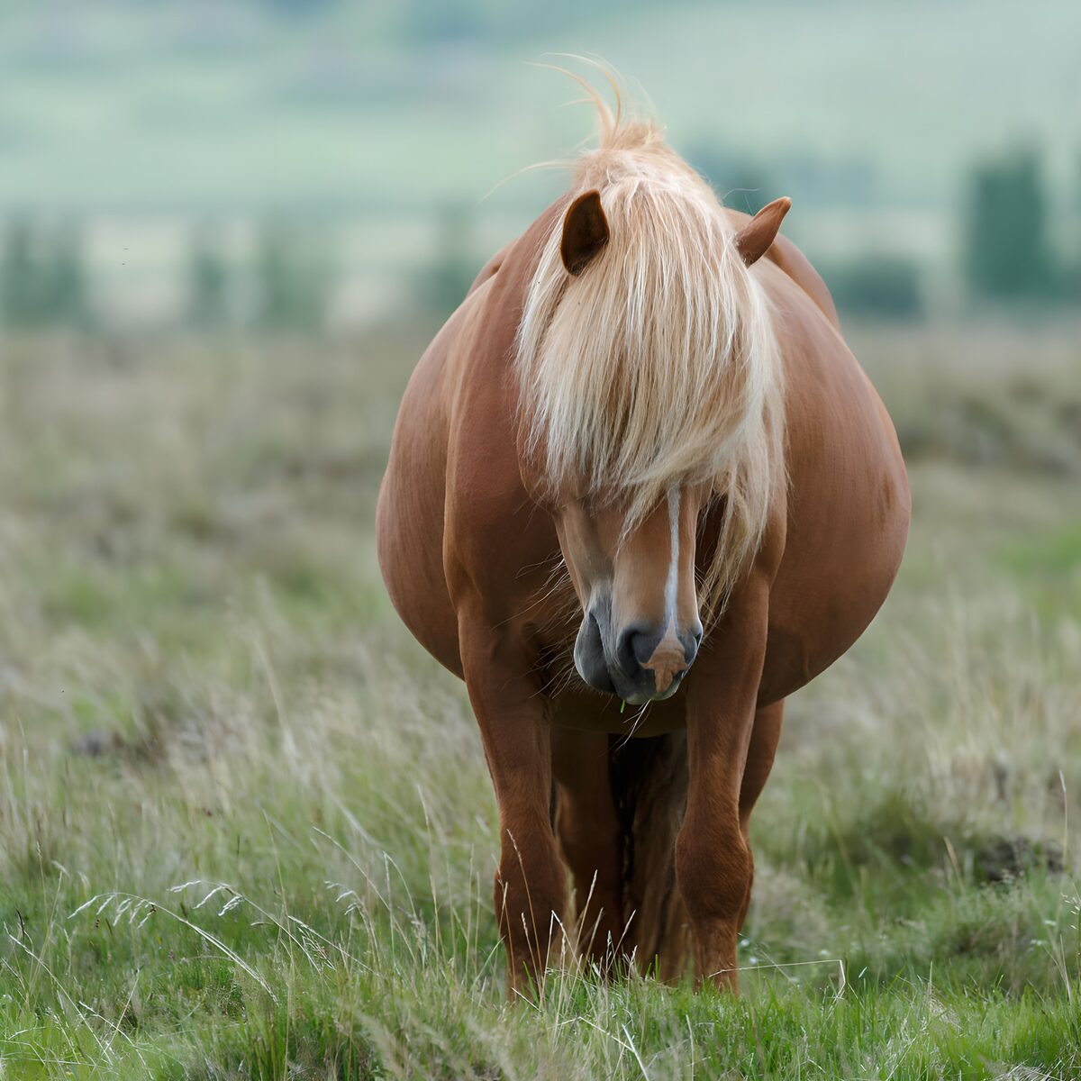 Brun hest med lys manke i det grønne