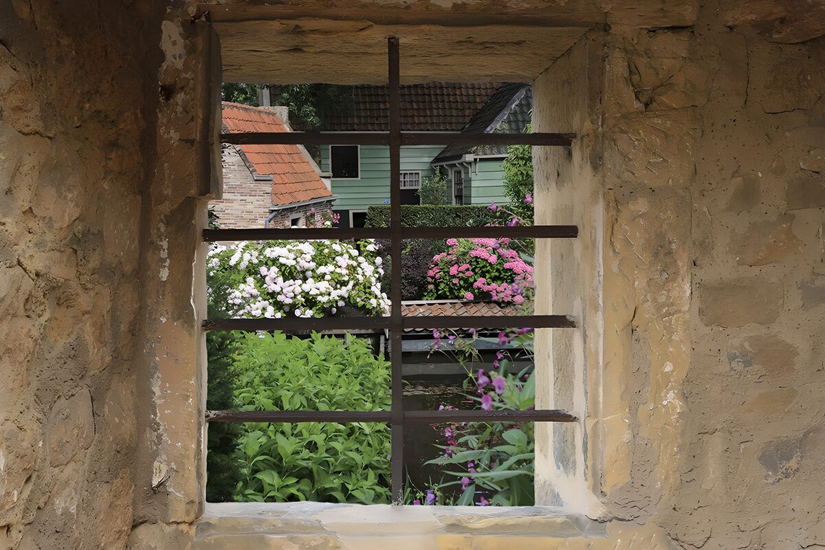 Blomsterhave gennem et gittervindue