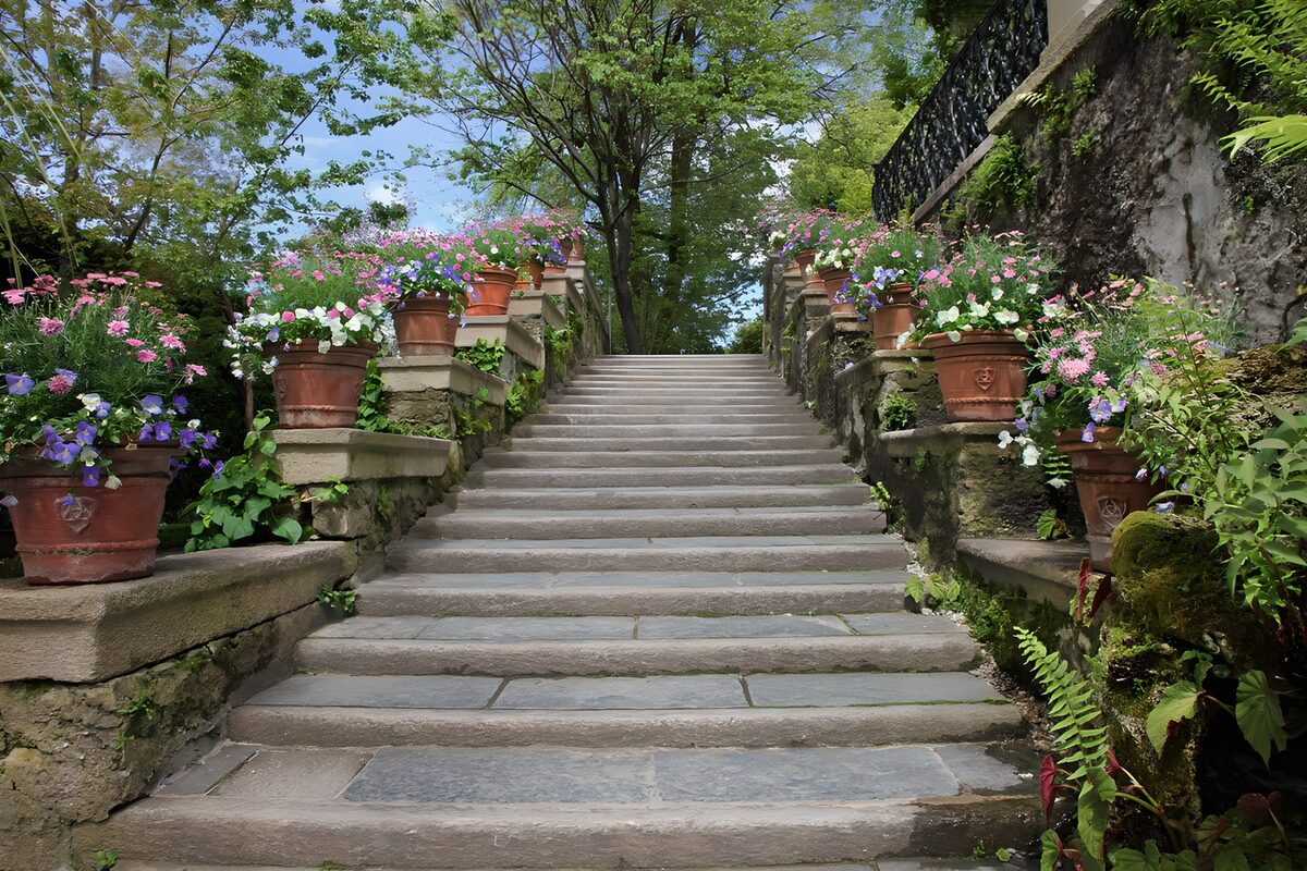 HPDK73292: Stentrappe med blomster og grøn ro