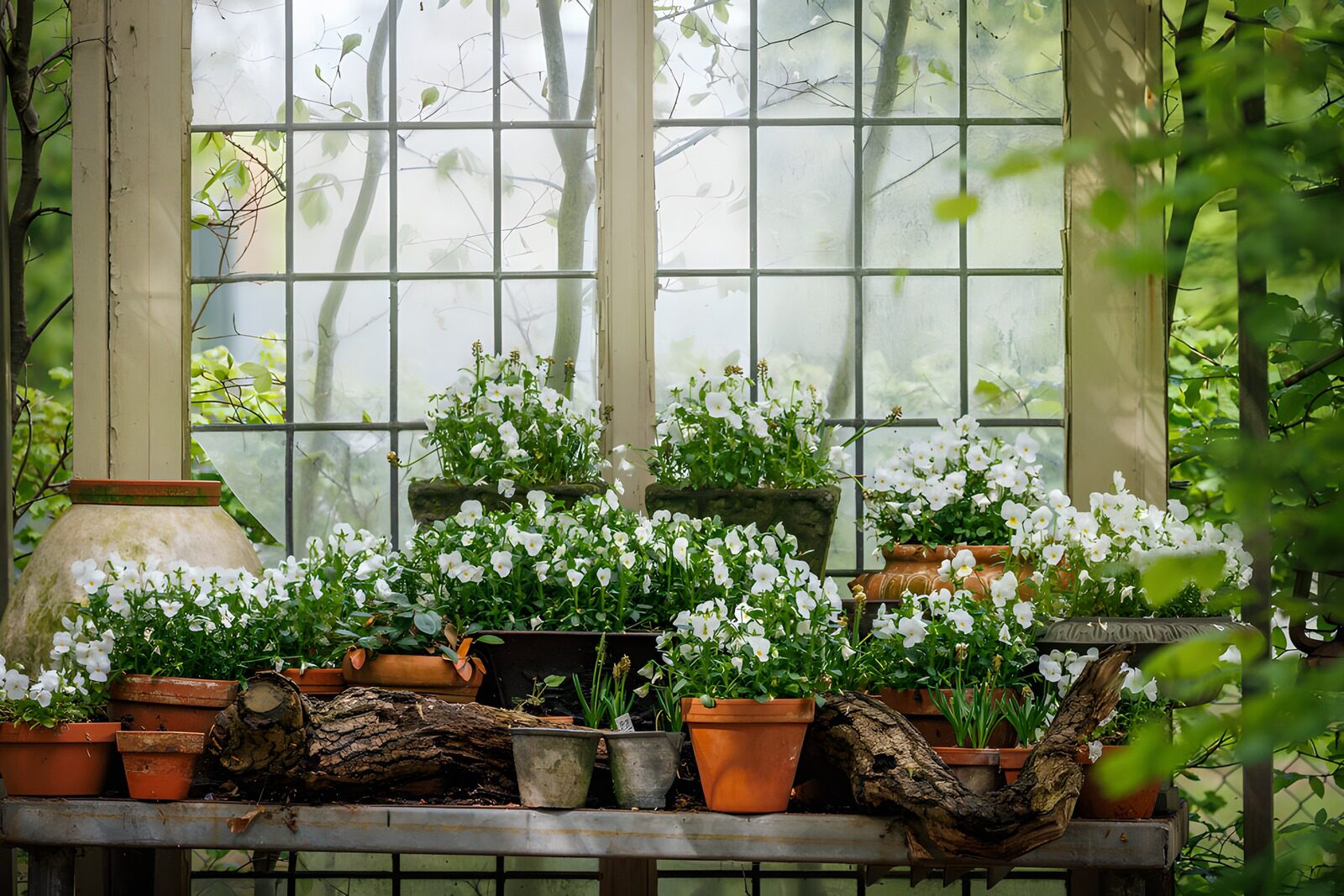 HPDK91572: Hvide blomster i krukker og blødt lys