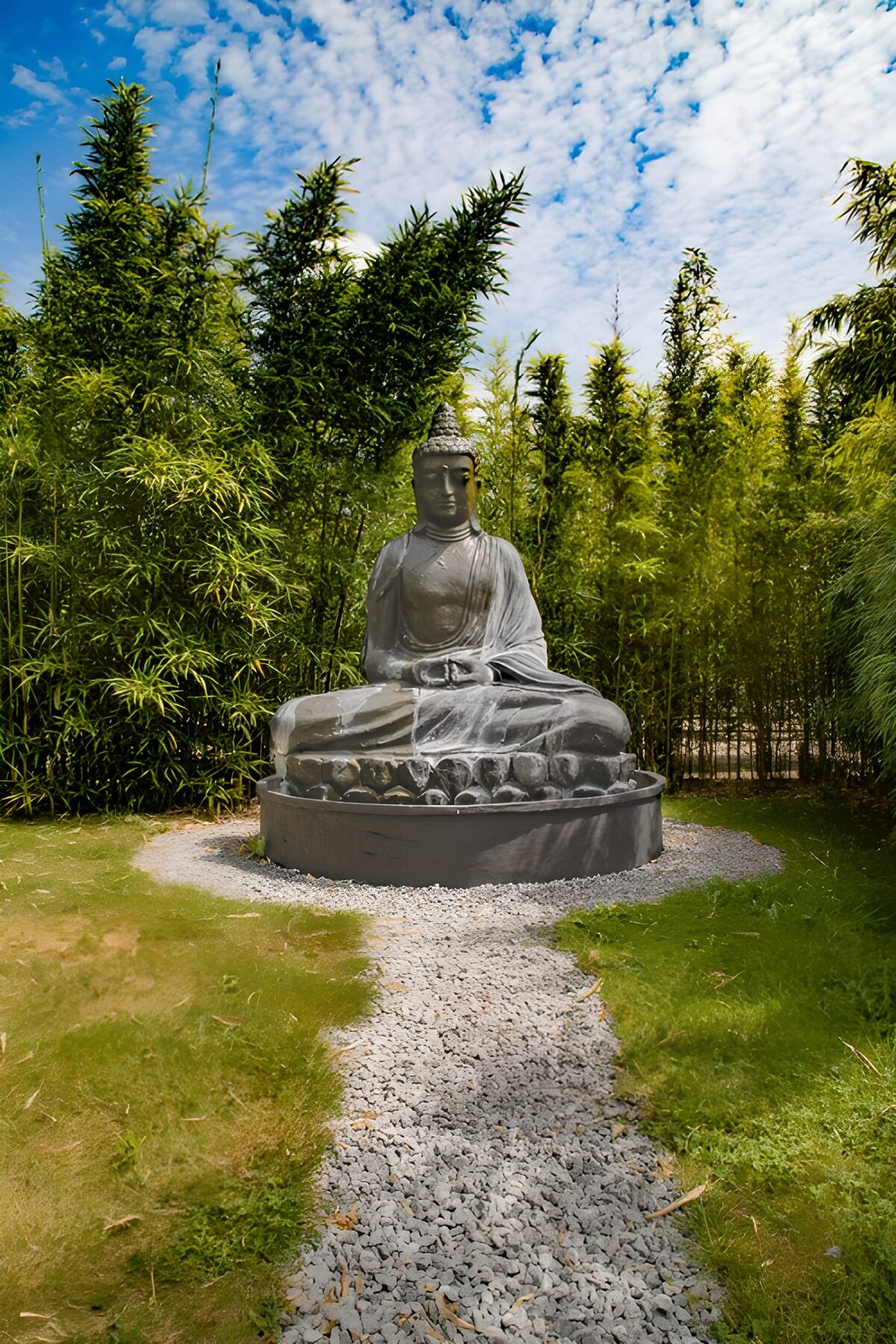 Siddende Buddha i en stille bambushave