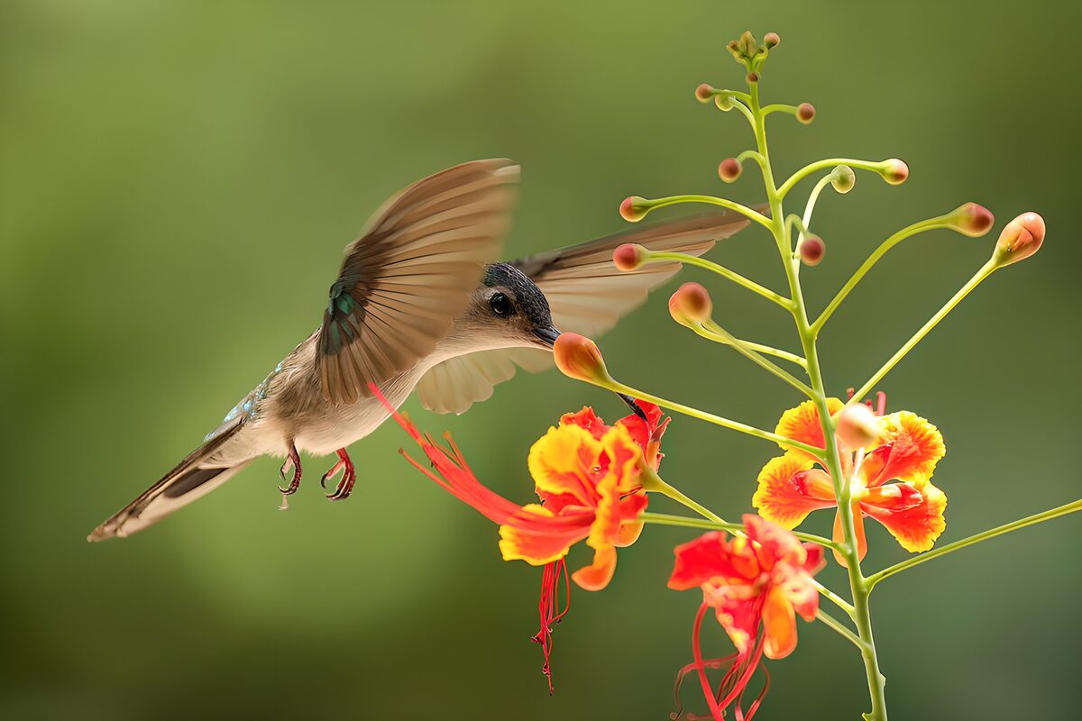 Kolibri på vinger ved farverige blomster