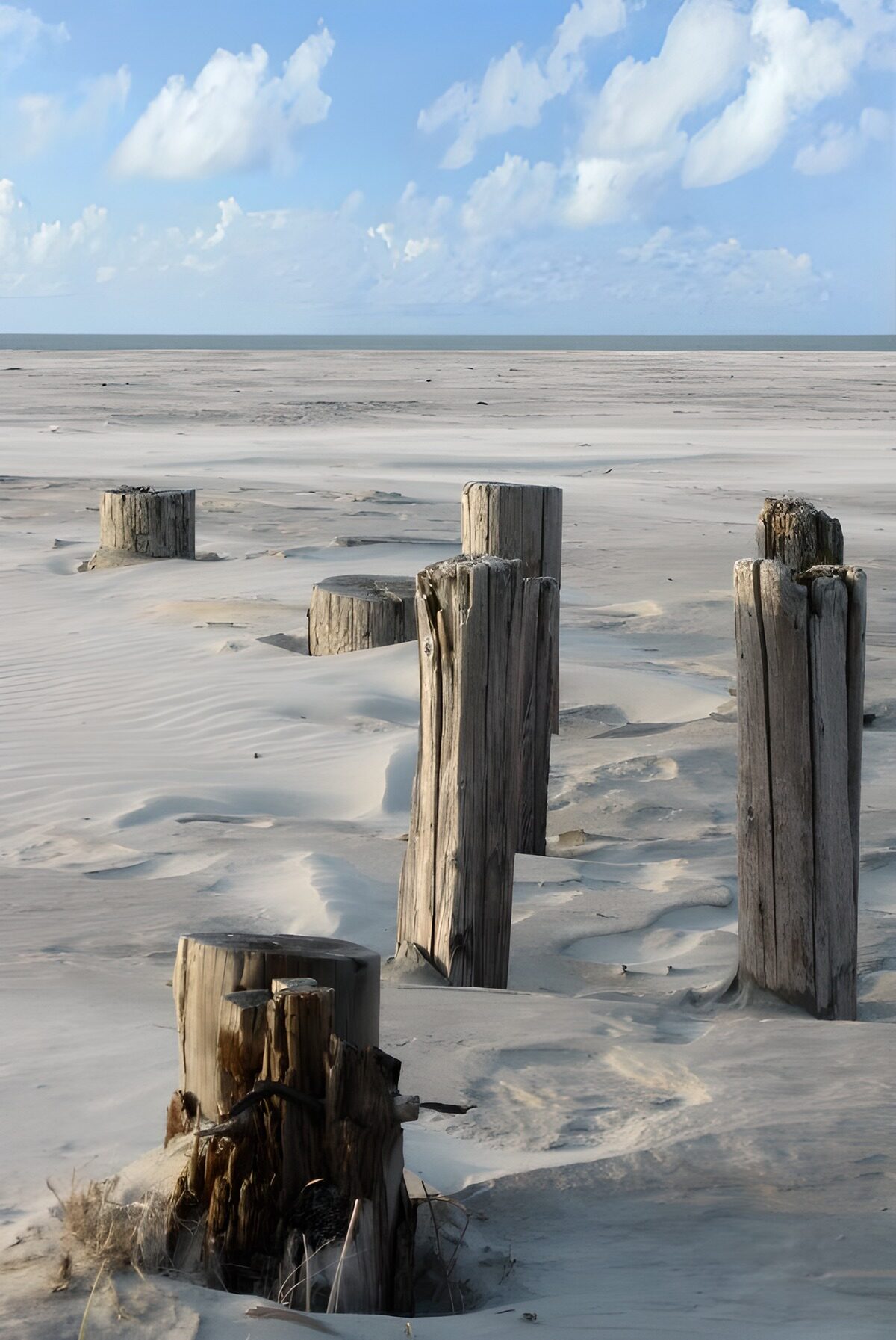 HPDK70095: Vejrbidte træpæle på en stille strand