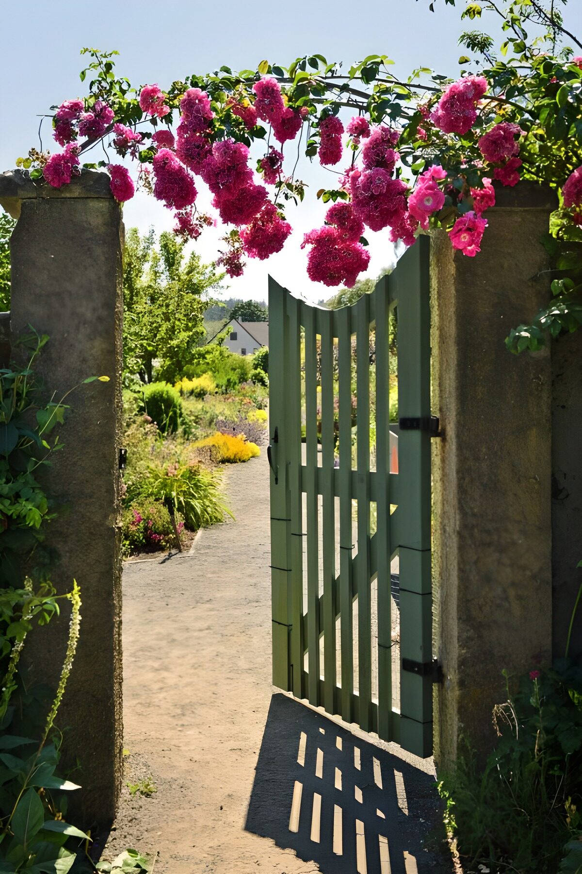 Åben grøn låge under lyserøde blomster