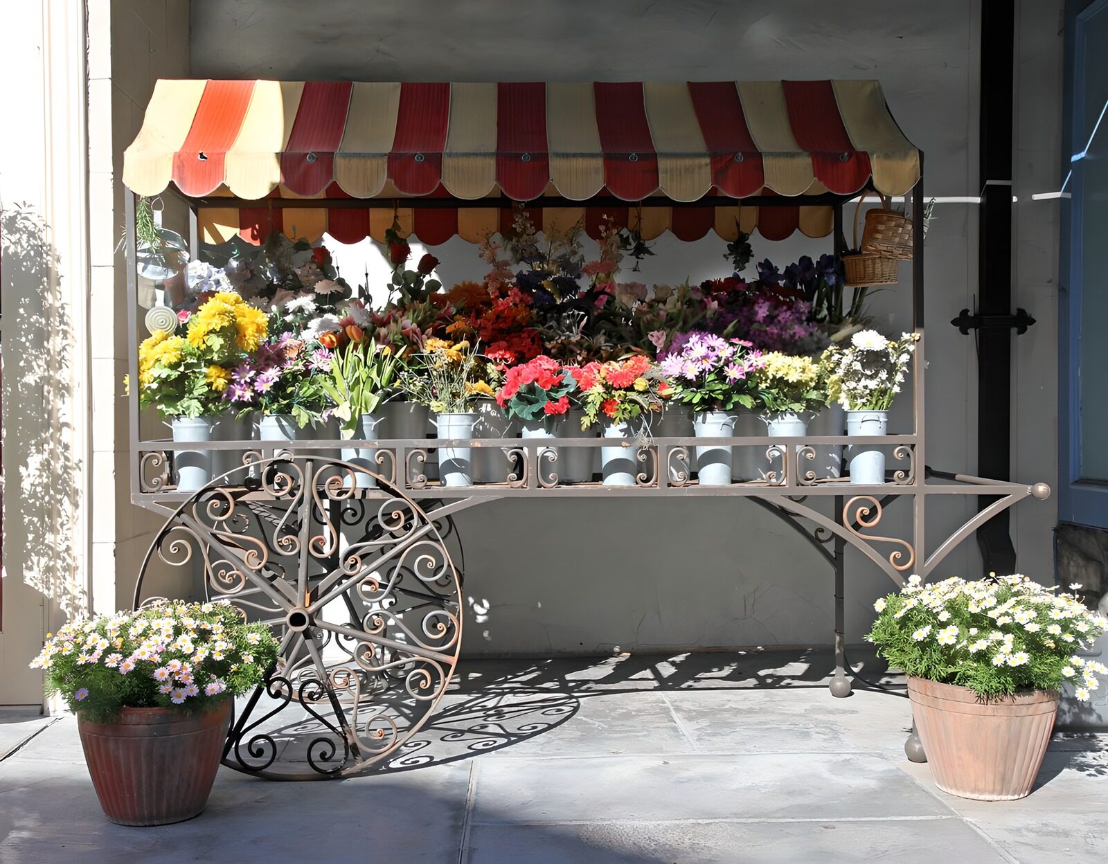 HPDK34010: Blomstervogn under rødstribet markise