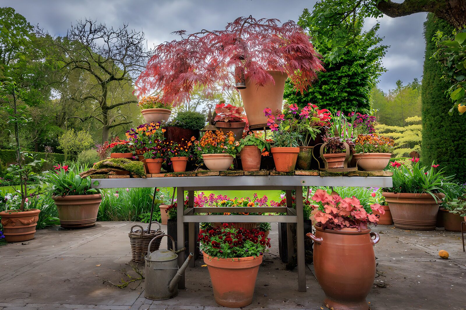 HPDK10903: Havebord omgivet af blomstrende krukker