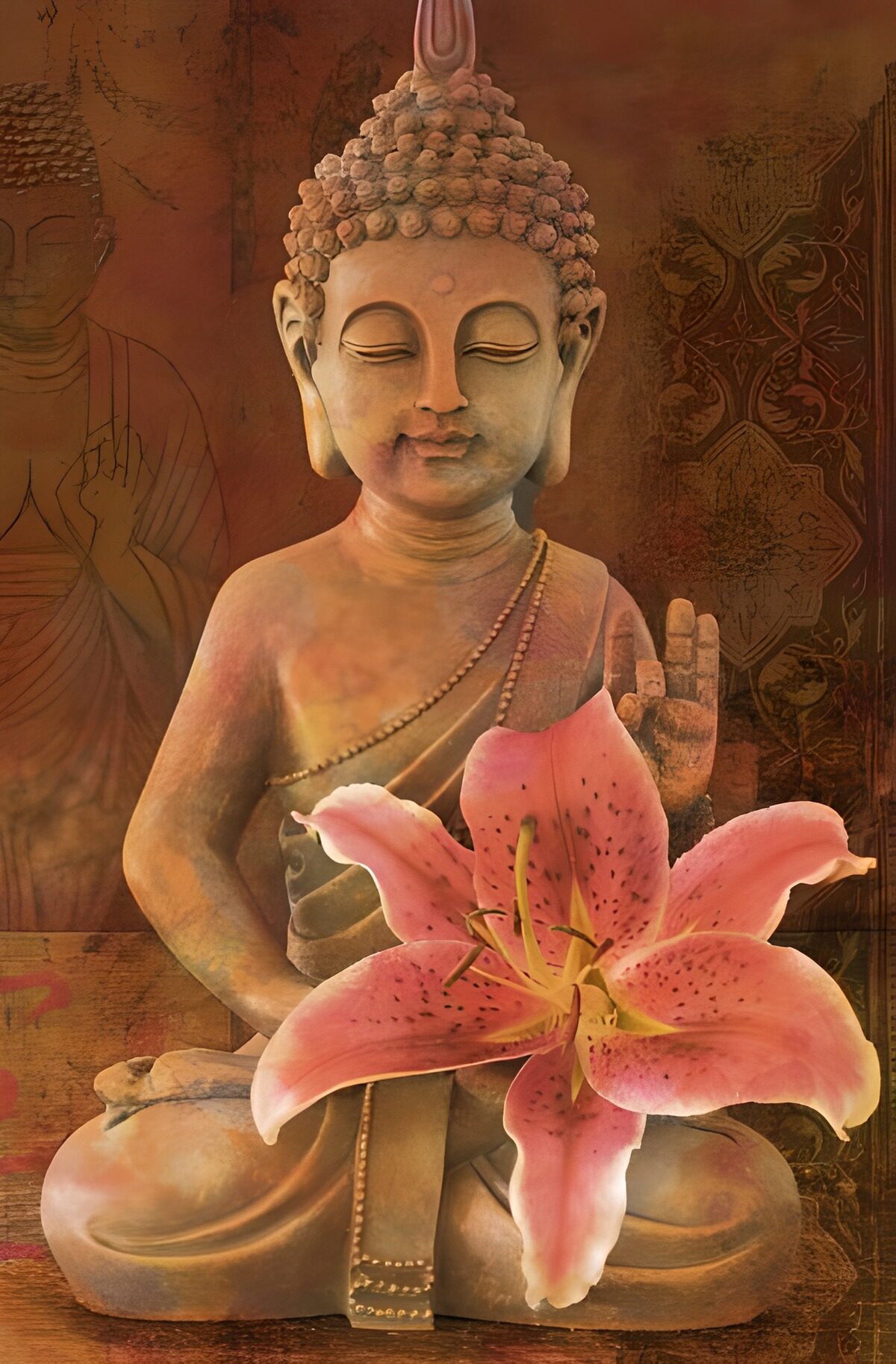 Buddha med lyserød lilje i varme toner