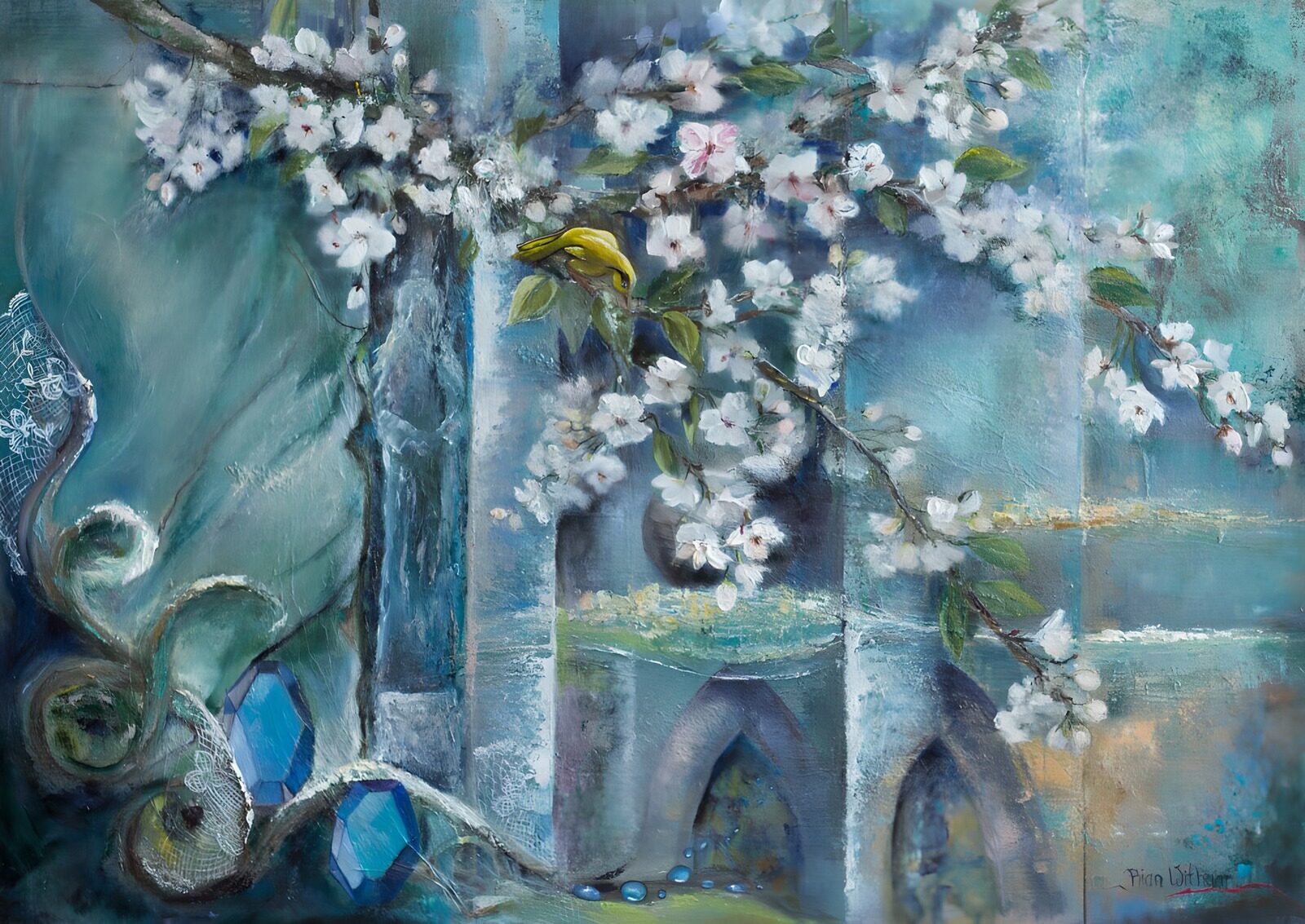 HPDK63173: Hvide blomstergrene i turkis dis
