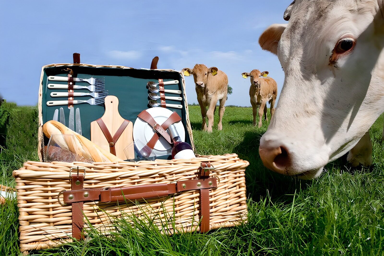 HPDK21579: Køer og picnickurv i solskin