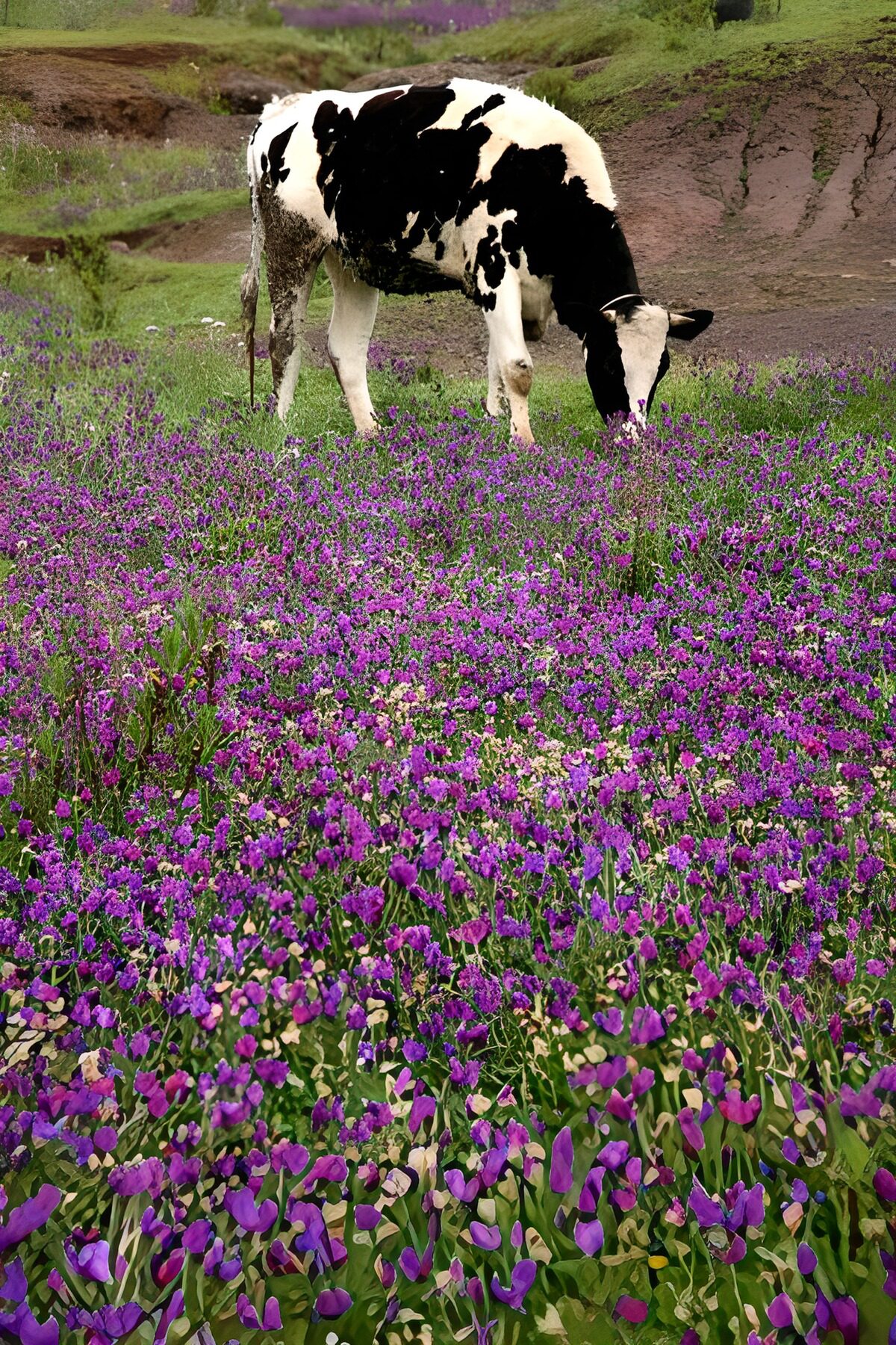 Sortbroget ko på en lilla blomstereng