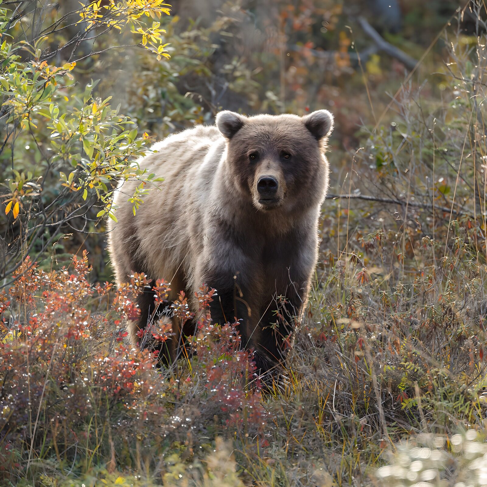 HPDK24274: Brun bjørn blandt efterårets buske