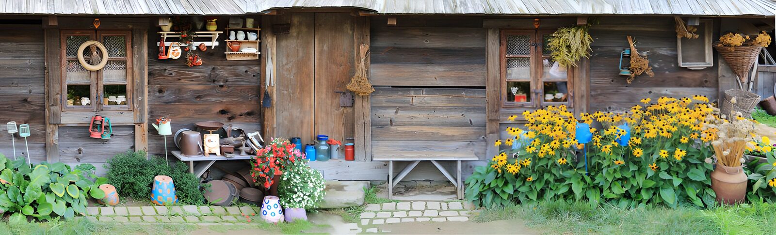 HPDK56189: Træhus med krukker og gule sommerblomster