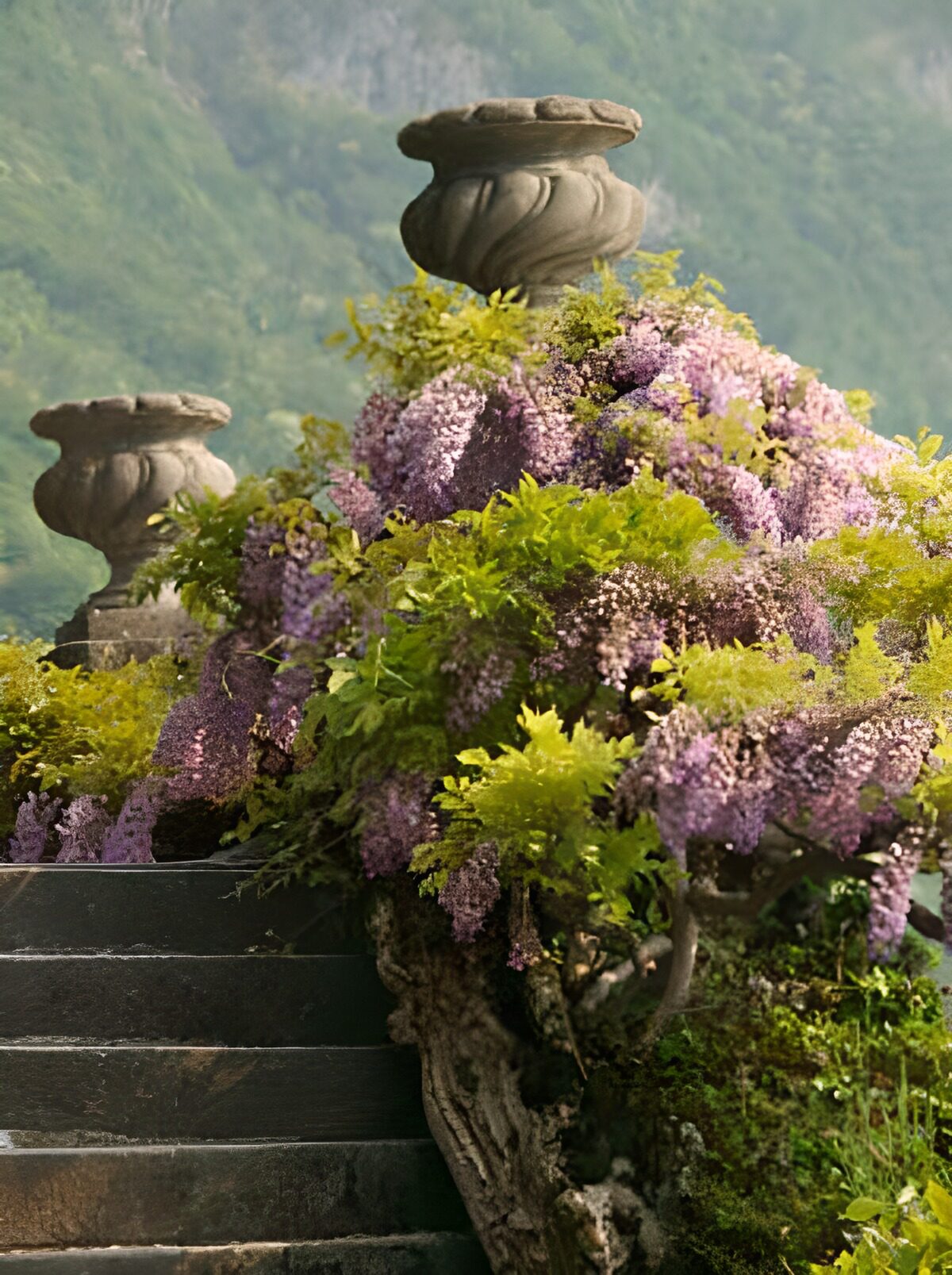 HPDK68003: Skyggefuld stentrappe mellem blomster