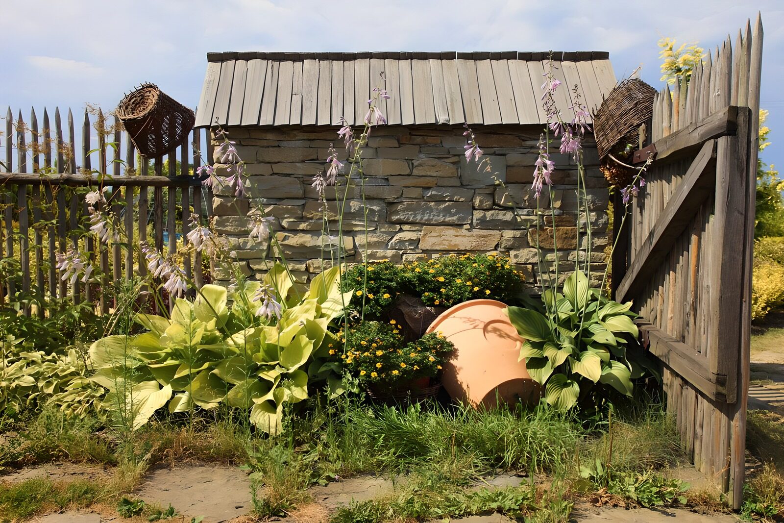 HPDK14438: Hosta og blomster i en solrig havekrog