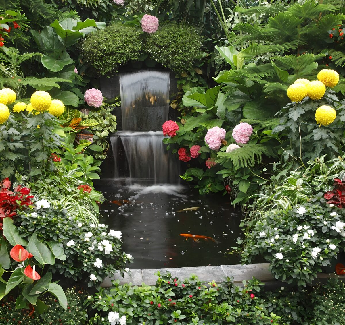 Havedam med vandfald og farveflor