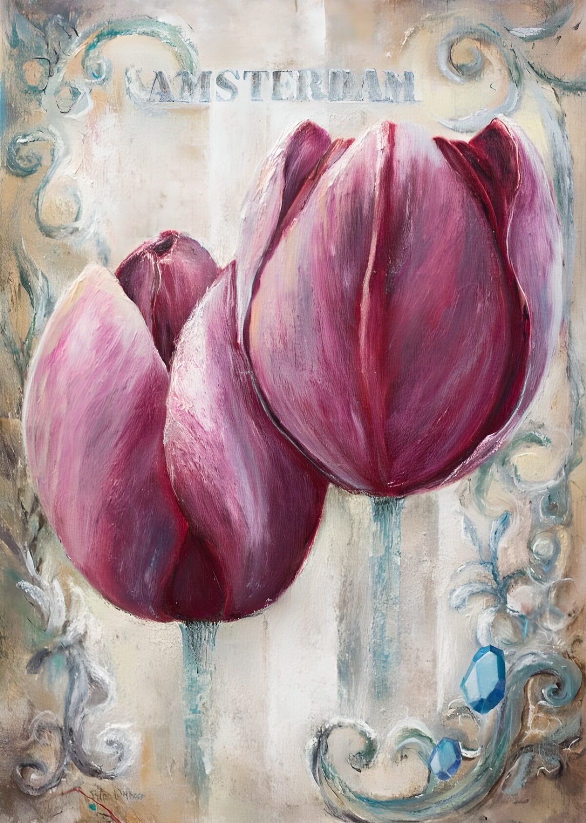 HPDK87593: Rosa og lilla tulipaner med vintagepræg