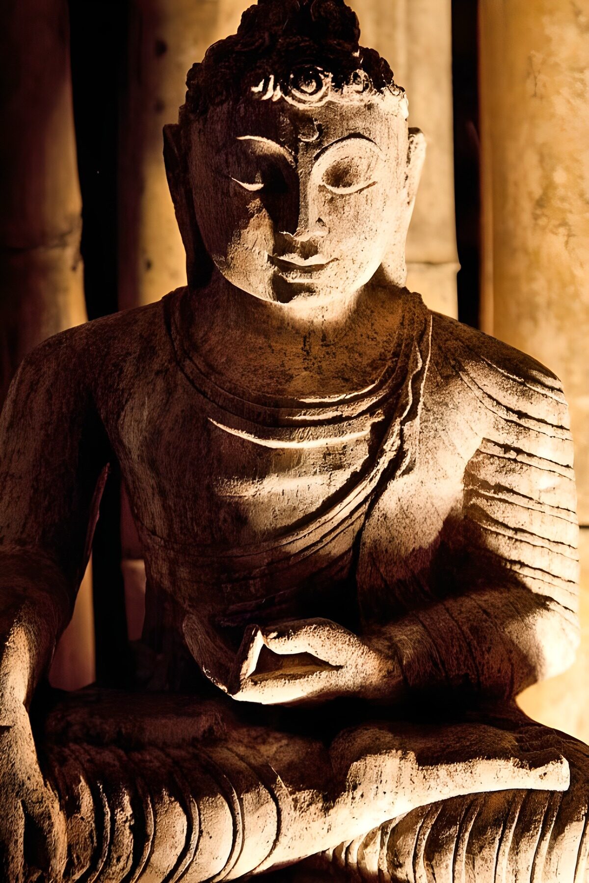 HPDK94992: Buddha af sten i gyldent lys
