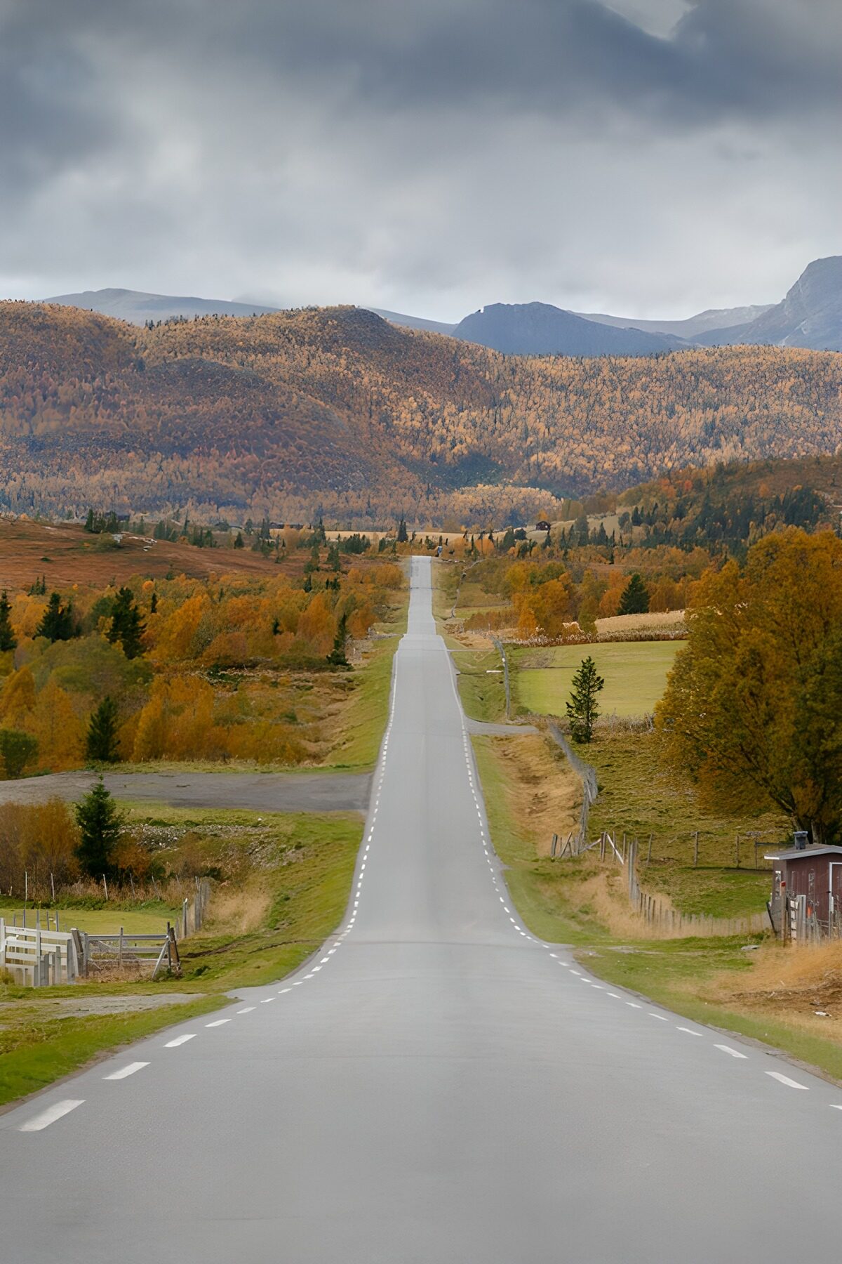Lige landevej gennem efterårsdalen