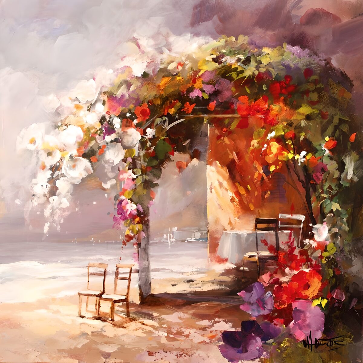 Solrig terrasse med blomsterbue