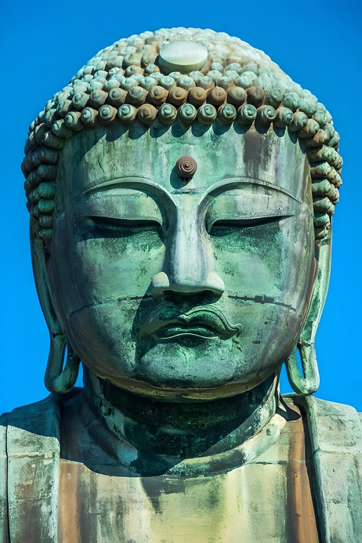Buddha med grøn patina mod blå himmel