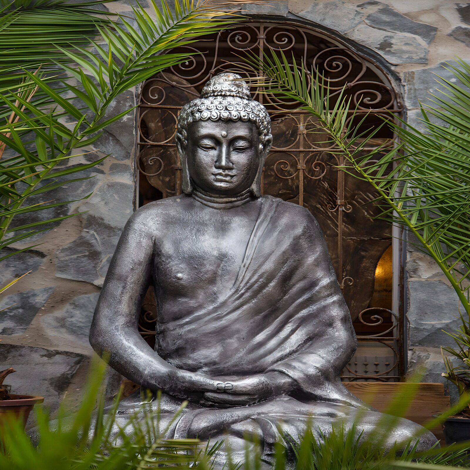 HPDK74433: Grå Buddha omgivet af grønne palmer
