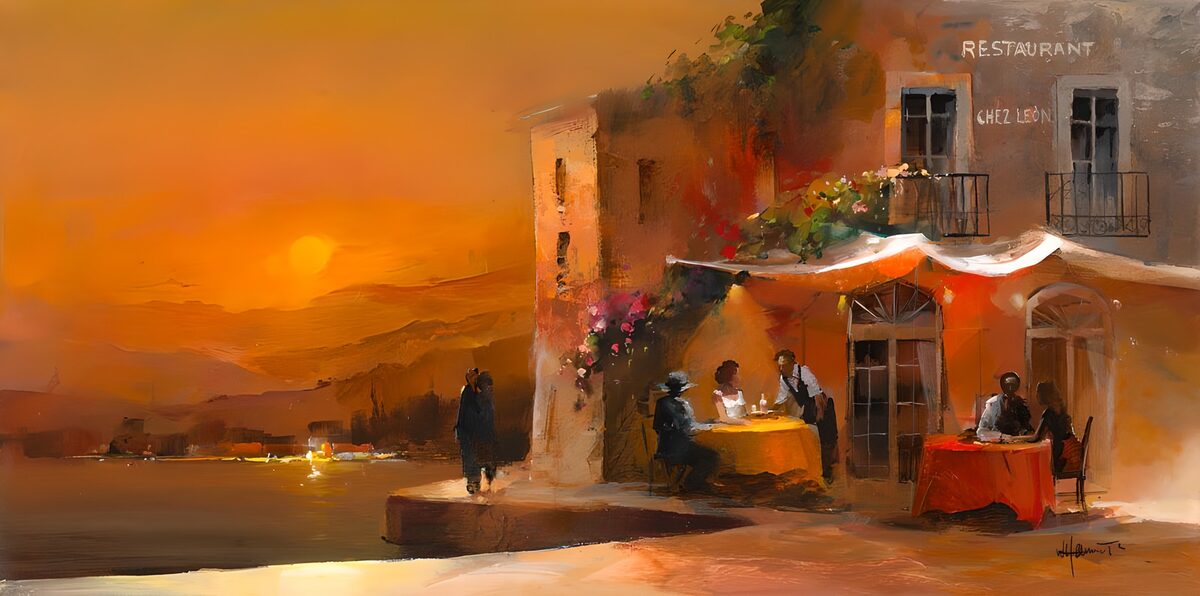 Restaurant ved vandet i solnedgang