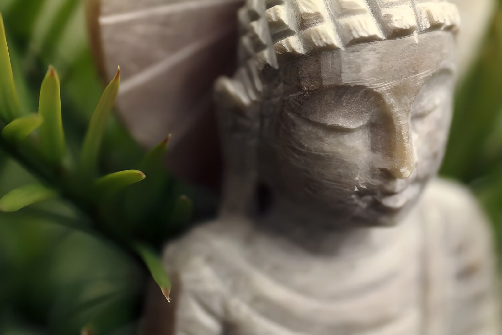 HPDK56465: Grå Buddha omgivet af grønne blade