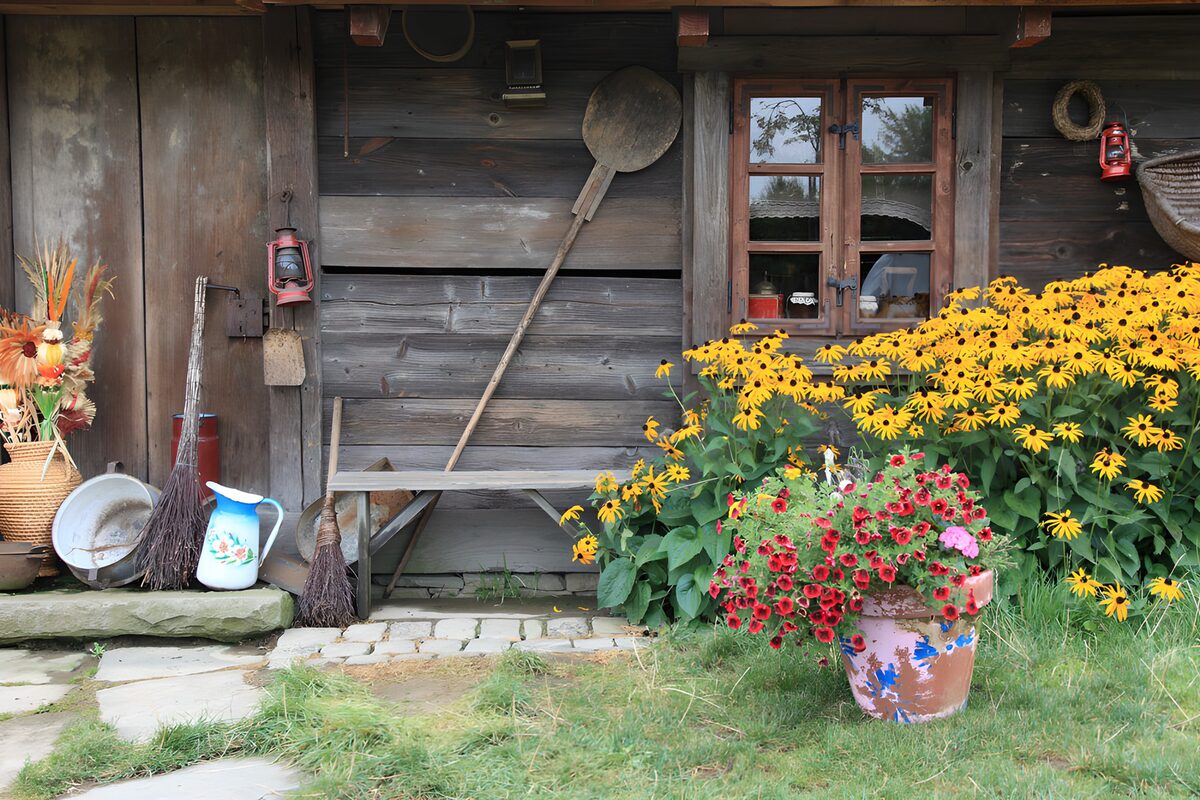 Røde og gule blomster ved træskuret