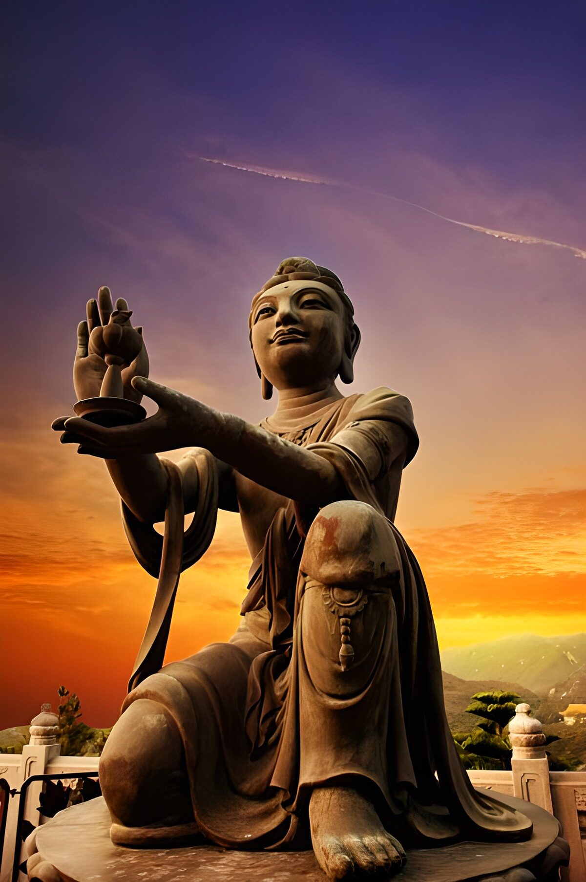 HPDK35099: Knælende buddhastatue i solnedgang