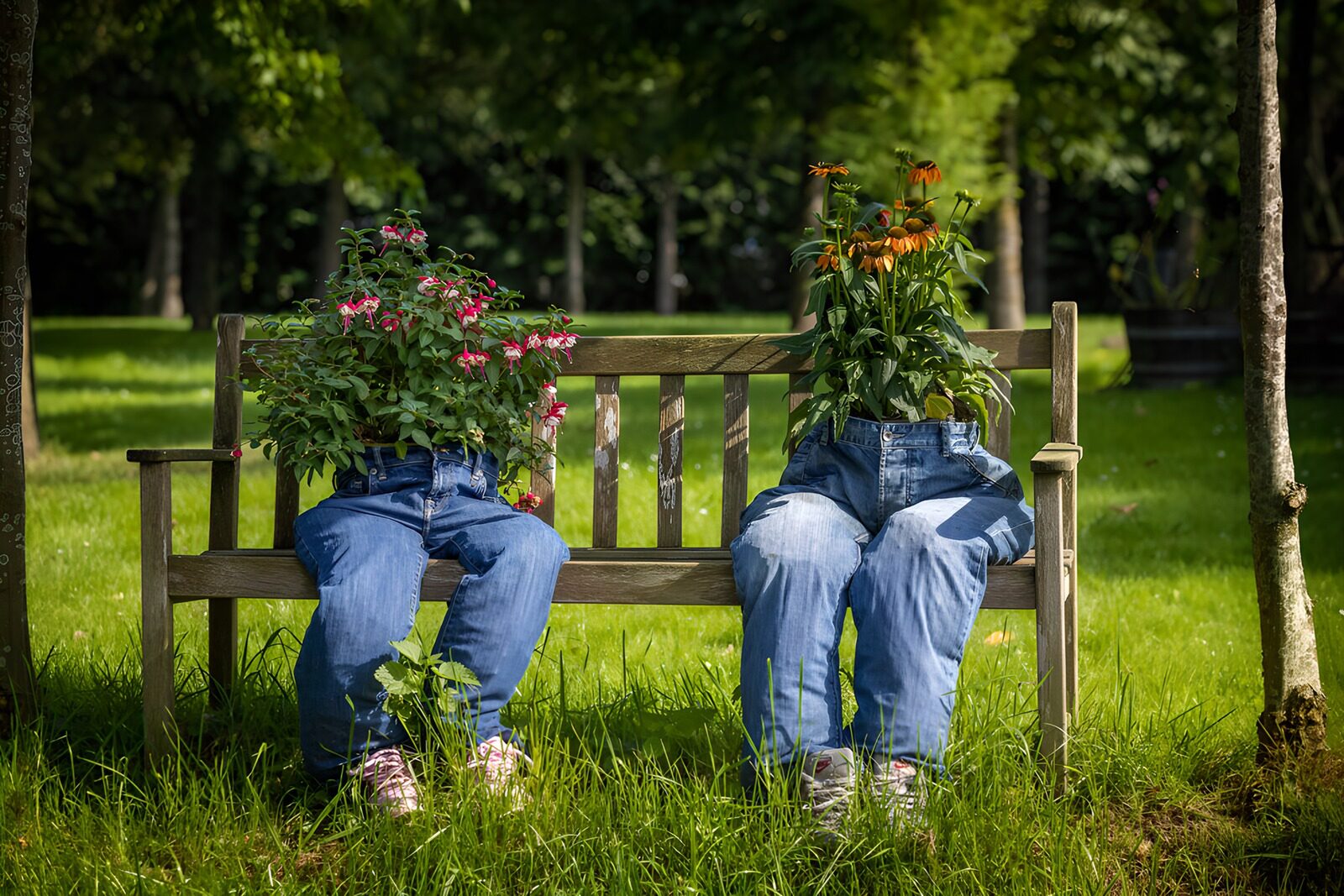 HPDK98686: Blomster i jeans på en gammel havebænk