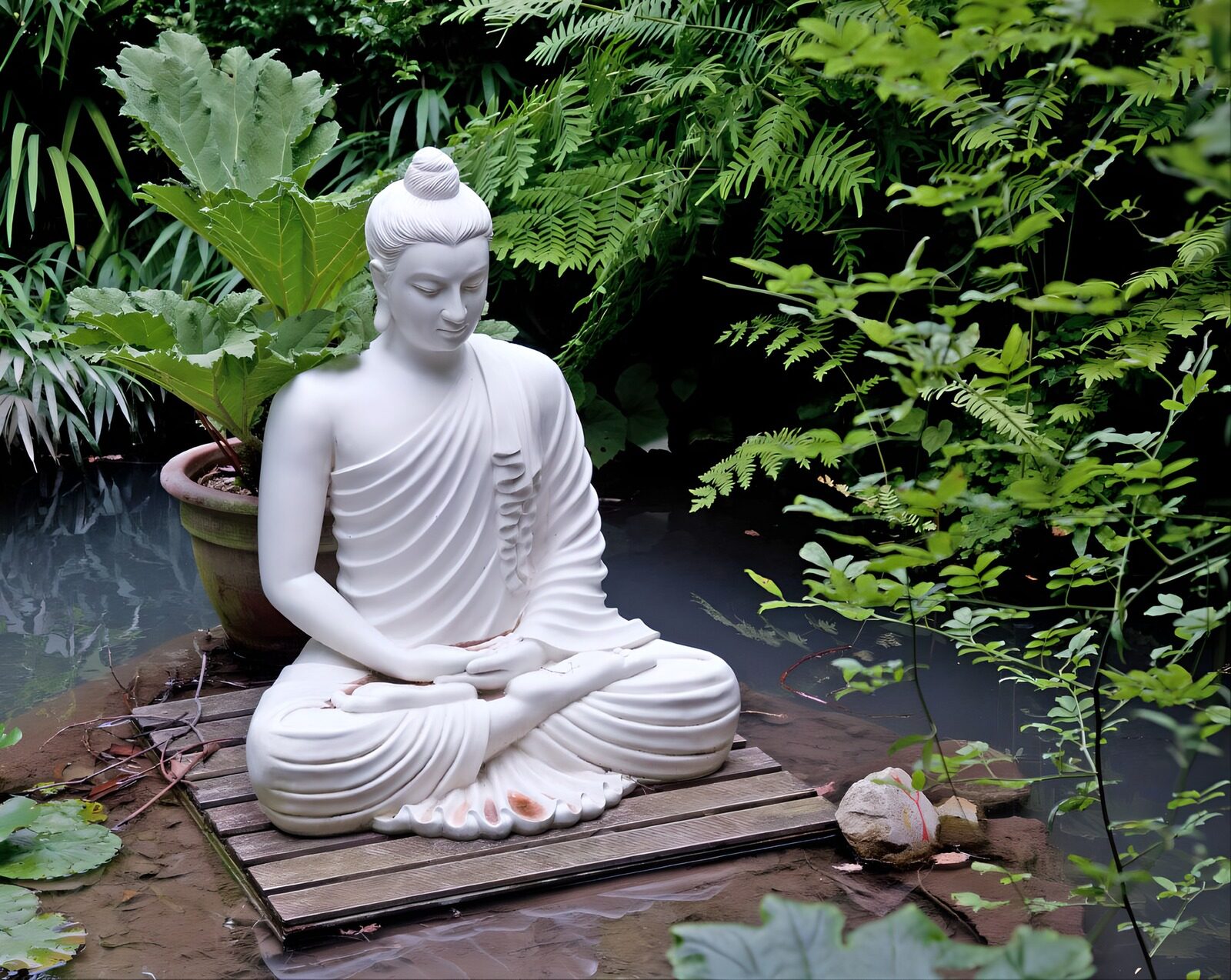 HPDK15992: Hvid buddhastatue ved havedammen