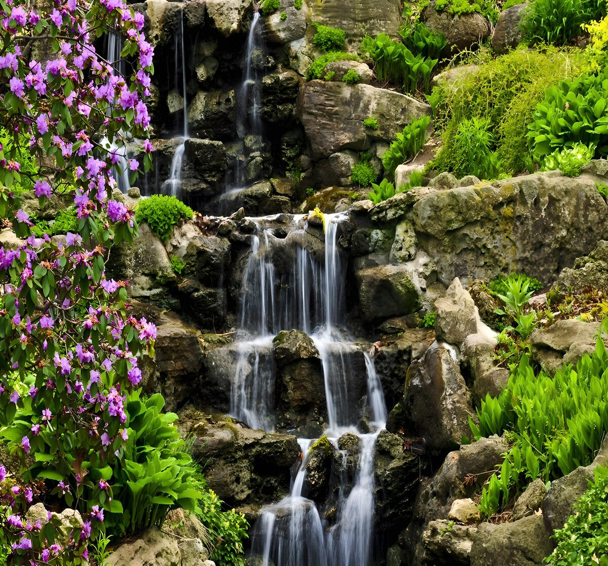 Vandfald mellem klipper og rosa blomster